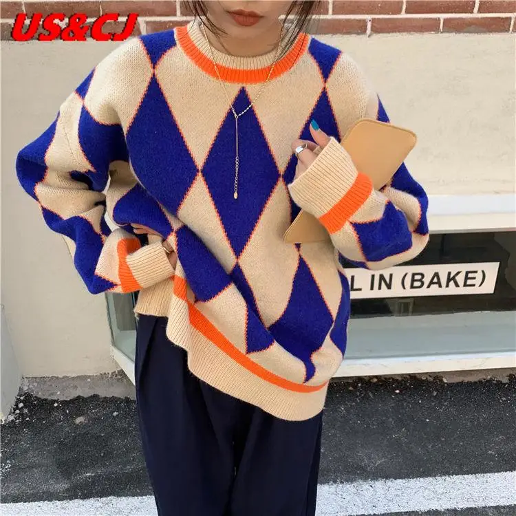 

Женский пуловер с круглым вырезом, Свободный теплый вязаный свитер в Корейском стиле, в стиле ретро, с узором ромбиками, в стиле Харадзюку, о...