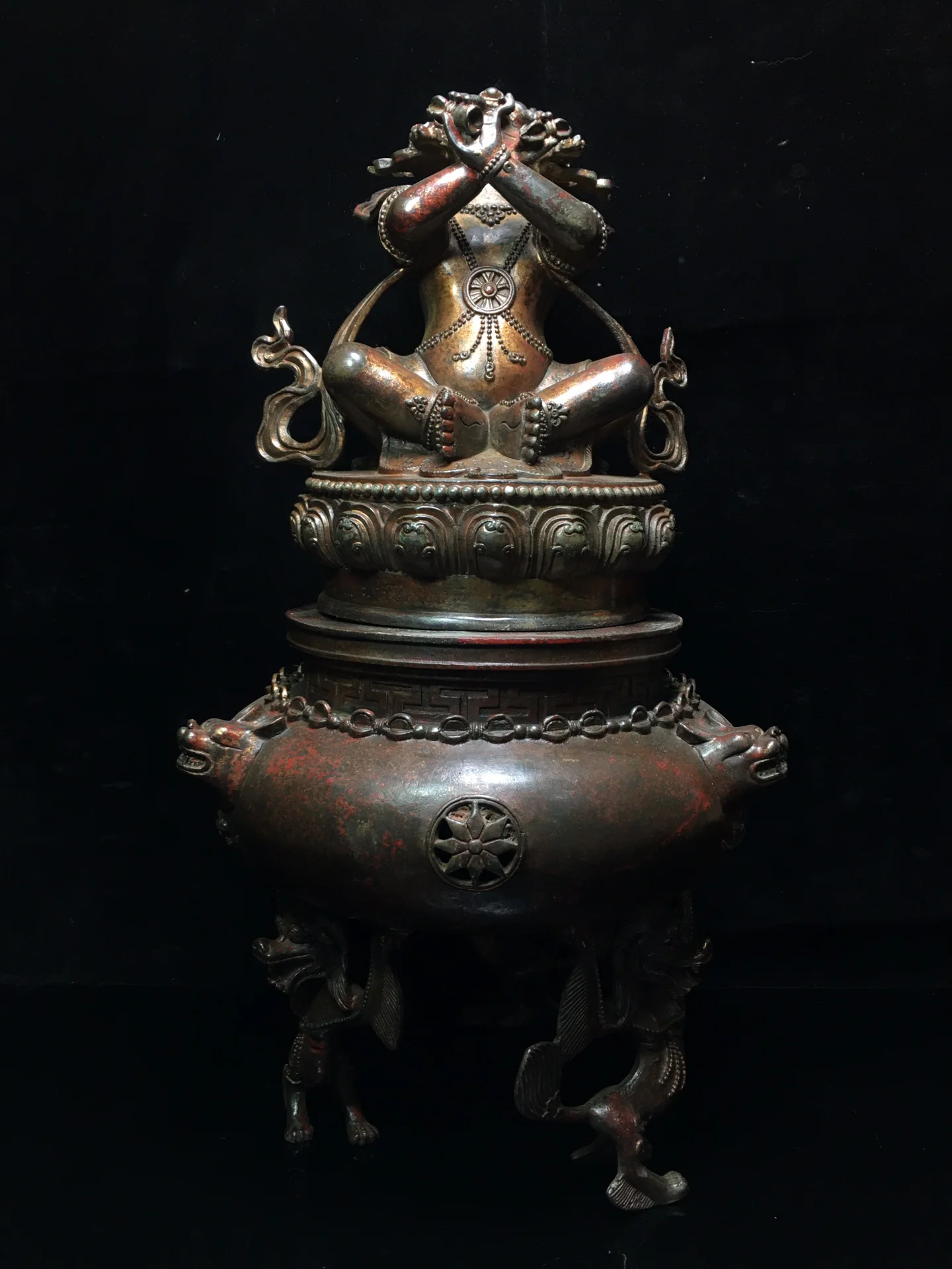 

16"Tibet Buddhism Old Bronze Cinnabar Lacquer Mahakala statue Sitting Buddha Incense Burner Three-legged lion Incense Town House