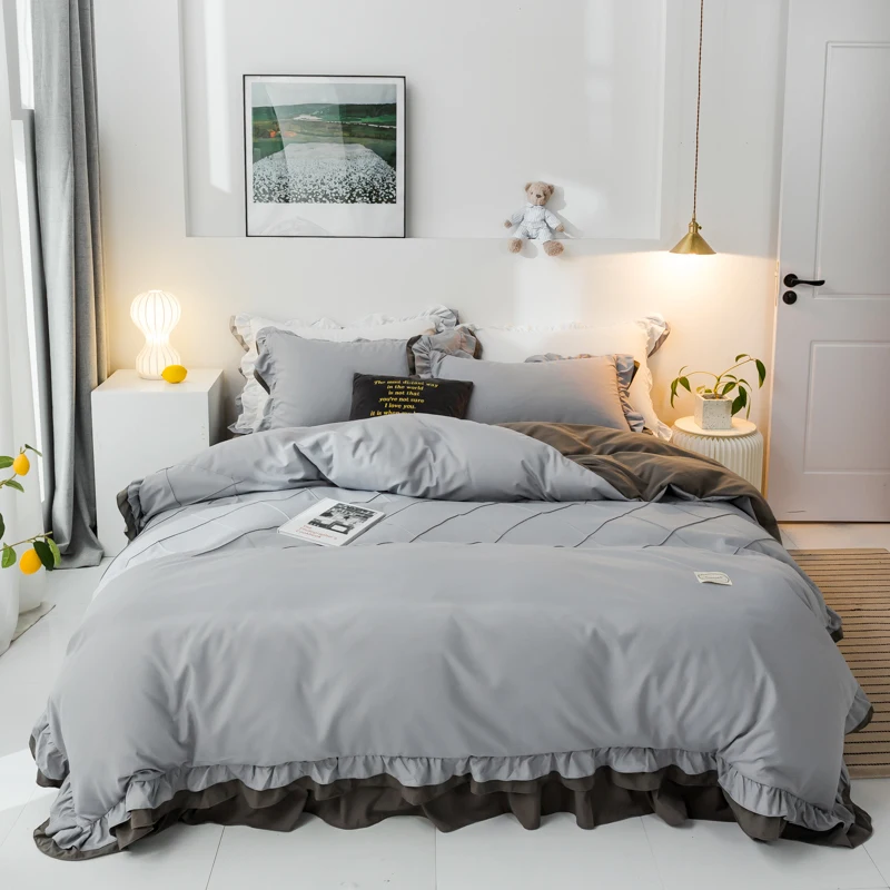 

Vintage Double Layer Ruffled Duvet Cover King Queen White Grey Washed Microfiber Soft Natural Wrinkled Bedding Set Bed sheet set