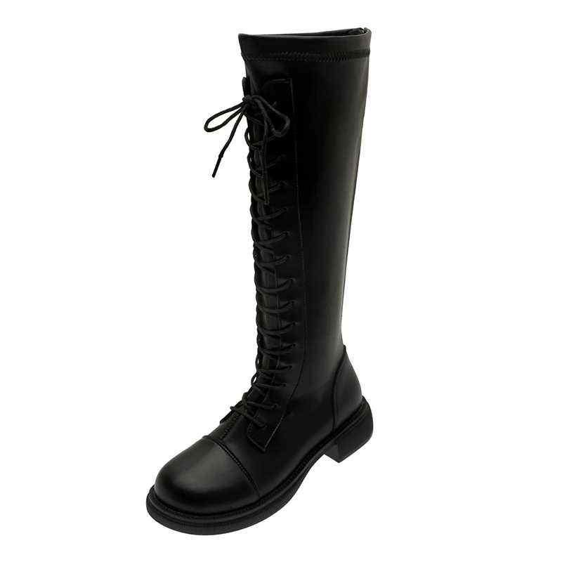 

Round Toe Shoes Lady Boots Flat Heel Boots-Women Luxury Designer Low Rubber Autumn 2021 Fashion Mid Calf Basic PU Slip-On Retro