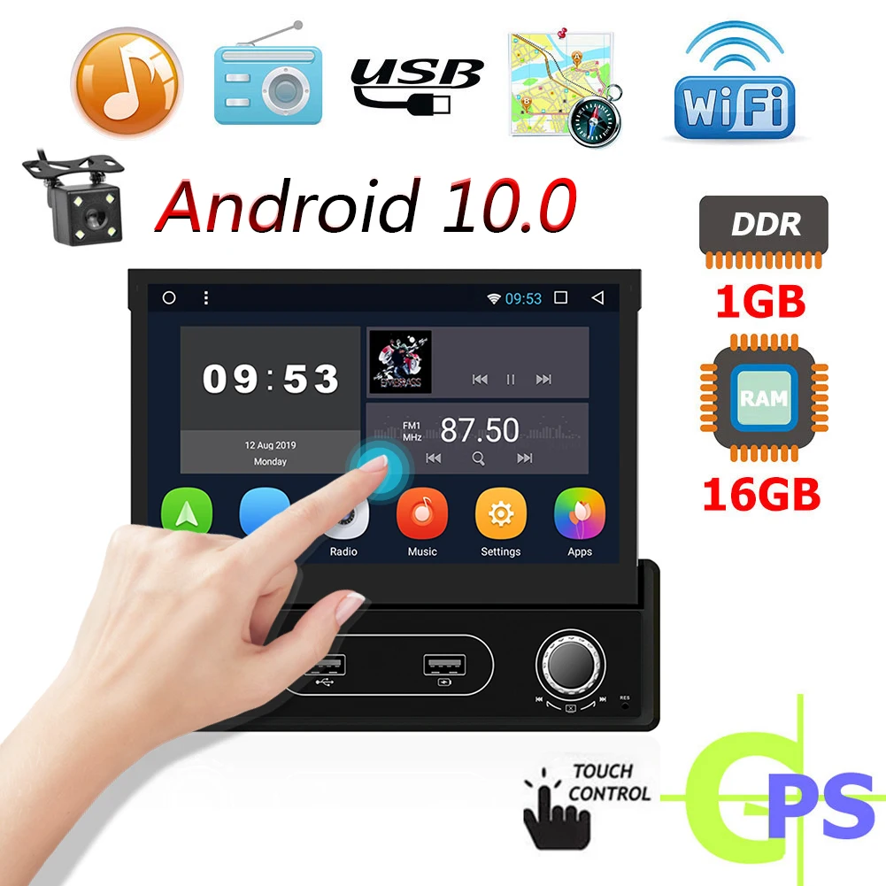 

Автомобильный радиоприемник Android 10,1, 7 дюймов, выдвижной экран, Bluetooth, мультимедийный видеоплеер, GPS-навигация, Wi-Fi, AUX, автомобильное стерео