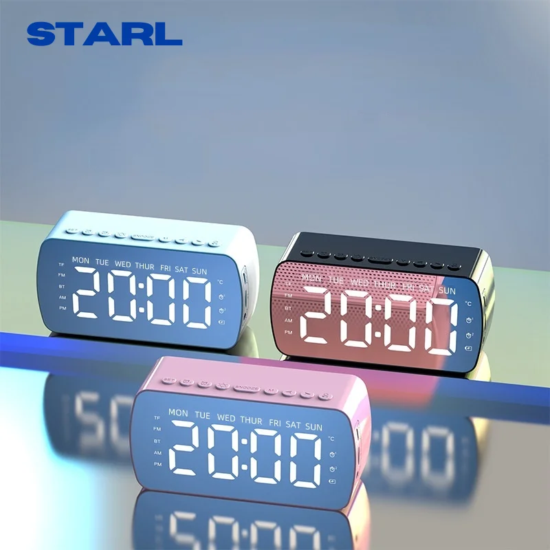 

Smart Alarm Clock FM Radio Mirror Bluetooth Speaker Thermometer Wireless Blue Tooth Long Battery Stereo Speakers Car Party Decor
