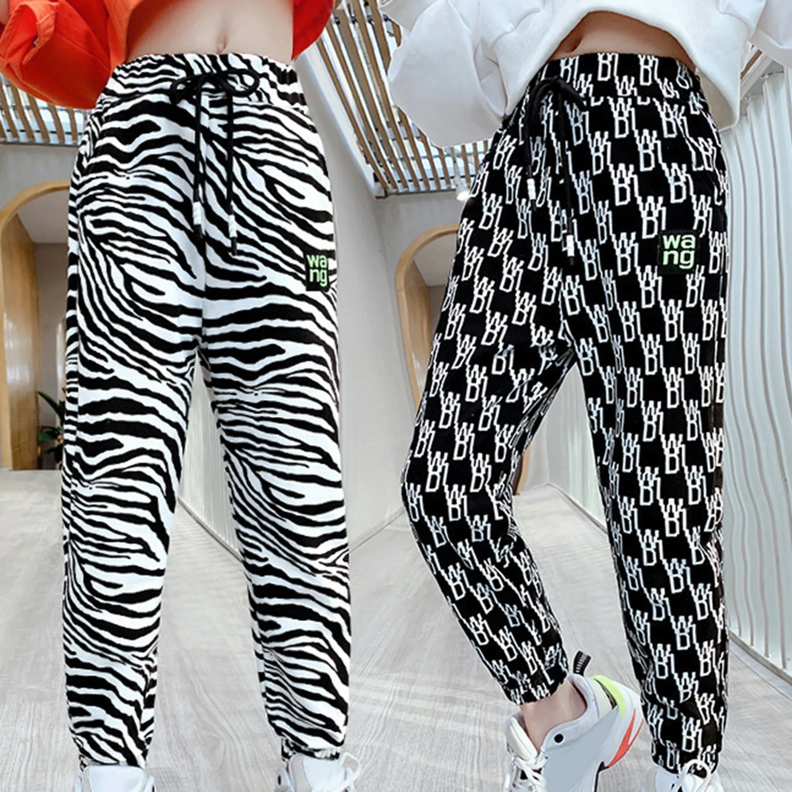 

Fashion Kid Girls High Waist Sports Pants Bottom Alphabet or Zebra Pattern Print Trousers Breathable Exercise Modern Dance Pants