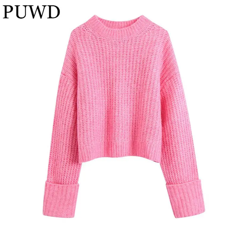 

Пуловер женский трикотажный оверсайз с круглым вырезом, осень 2021