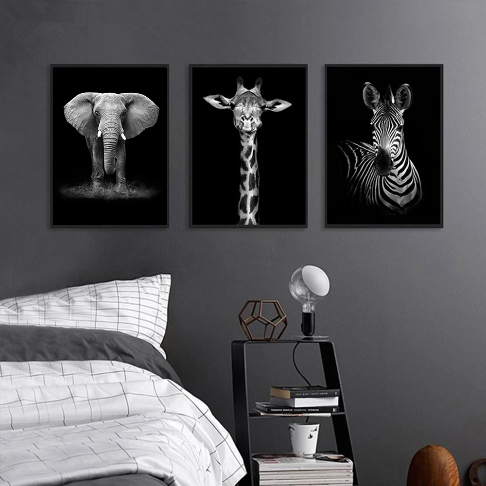 Современный черно-белый Декор холст настенное искусство животные картины принты
