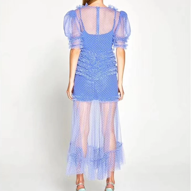 Женское платье макси в горошек летнее Сетчатое Полупрозрачное с высокой талией и