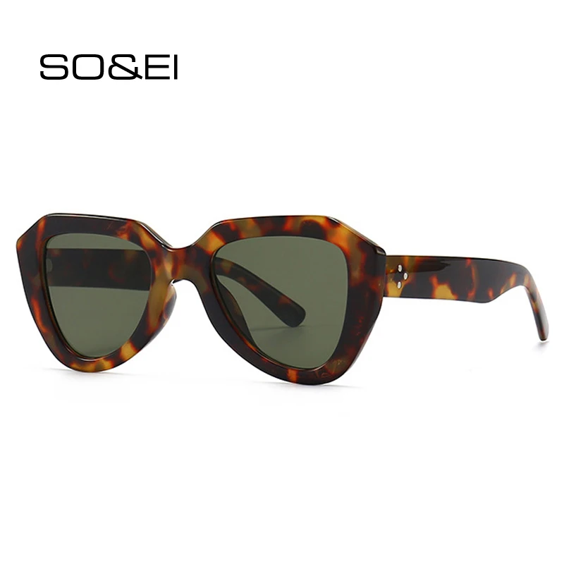 

SO&EI Retro Polygon Cat Eye Women Sunglasses Fashion Rivets Decoration Shades UV400 Trending Men Leopard Dark Green Sun Glasses