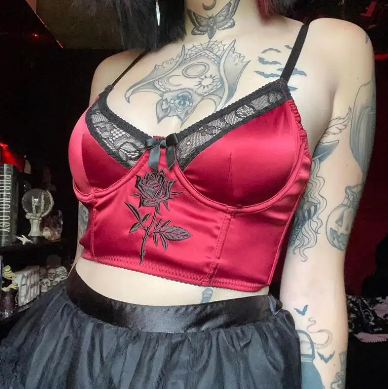 

Gothic Dark Satin Camis Vintage Women V-Neck Sleeveless Tank Top Y2k Mall Goth Style Aesthetic Embroidery Backless Crop Tops