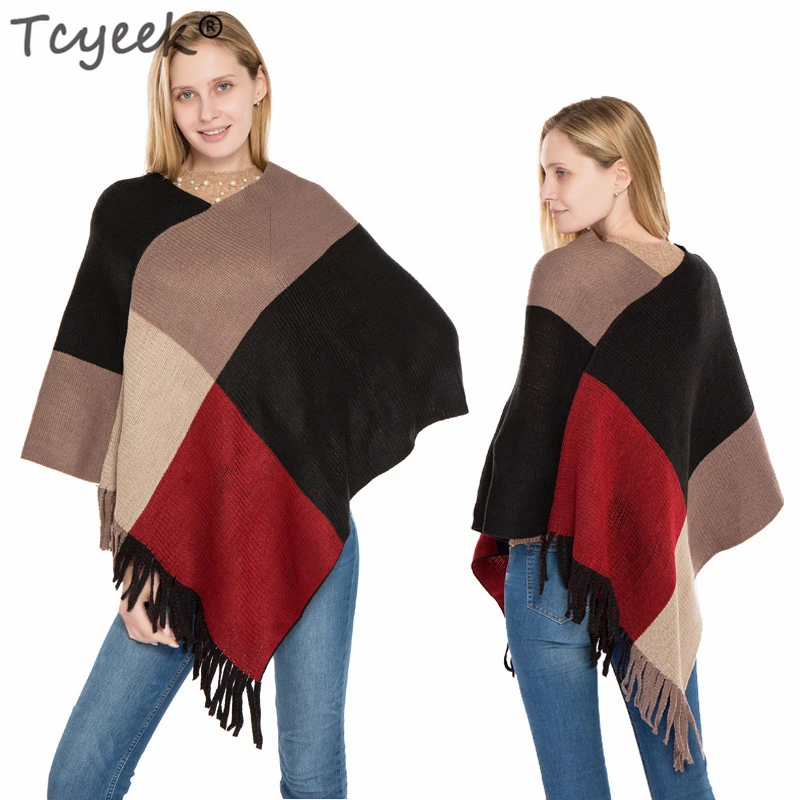 Зимний теплый свитер Tcyeek с кисточками пончо женская вязаная накидка рукавом
