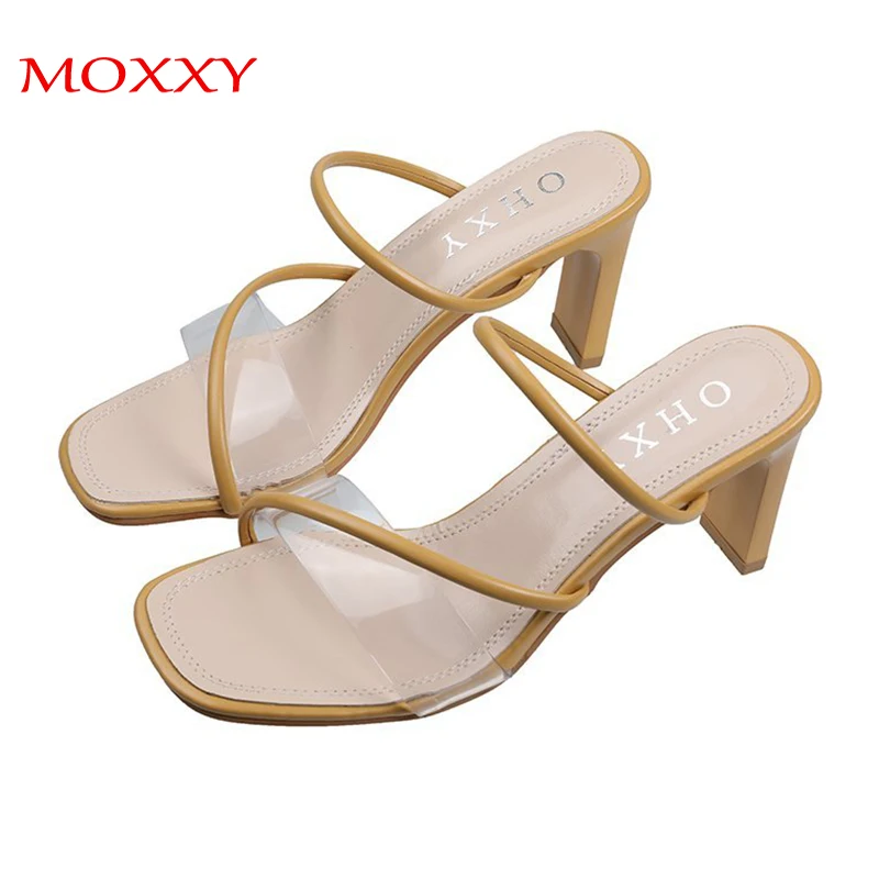 

High Heels Slippers Women 2021 Summer Jelly Slides Lady Shoes Open Toe Yellow Sandals Woman Square Heel Beige Sandels for Women