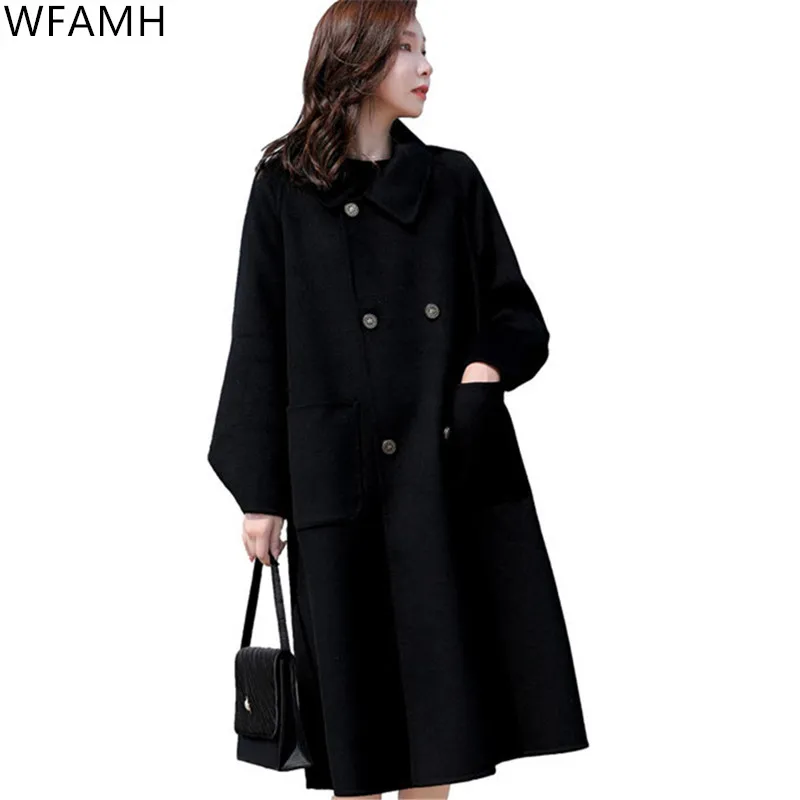 

2021 Autumn And Winter New Fashion Double-sided Cashmere Double-breasted Lapel Long Loose Woolen Coat Women Solid Full Button