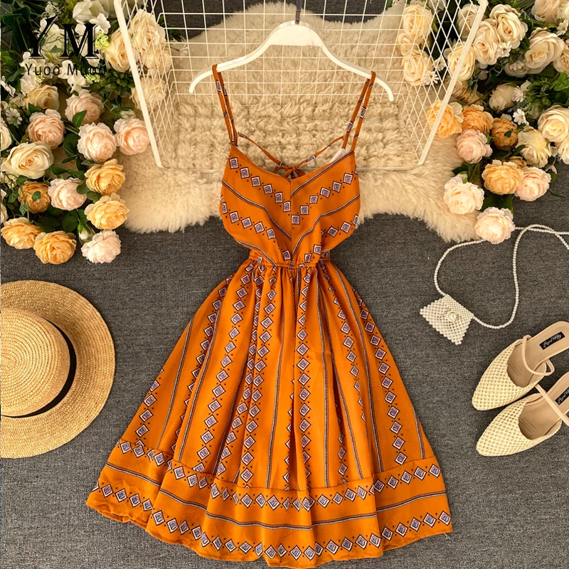 

Платье YuooMuoo женское с принтом в стиле бохо, Пляжное шифоновое платье-трапеция с V-образным вырезом и открытой спиной, модный праздничный сар...