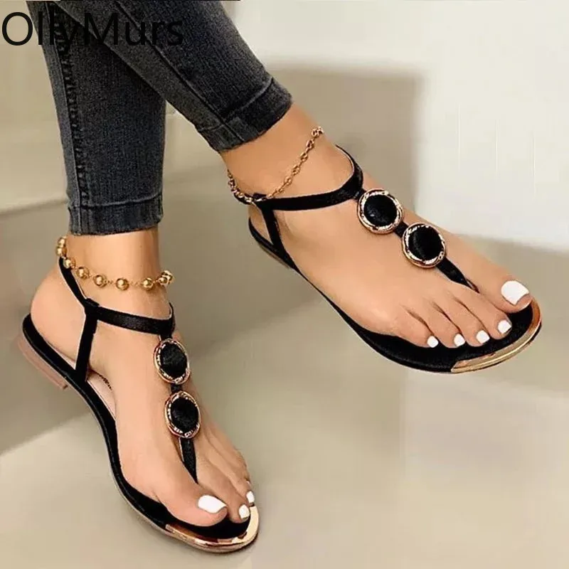 

2021 Women Summer Bohemia Style Sandals Fashion Casual Outdoor Beach Sandals Metal Decoration Ladies Flat Shoes Big Size 35-43