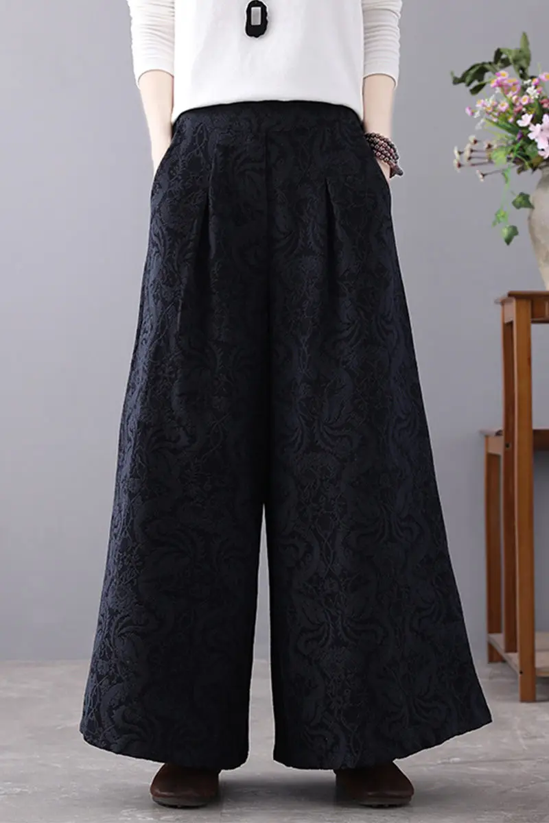 Брюки женские с широкими штанинами жаккардовые льняные штаны завышенной талией