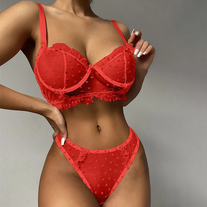 

ZZSYKD Sexy Seamless Lingerie Sets Female Red Briefs Sheer Push Up Bra Set Lace Ruffle Polka Dots Crop Top Underwear Set Women
