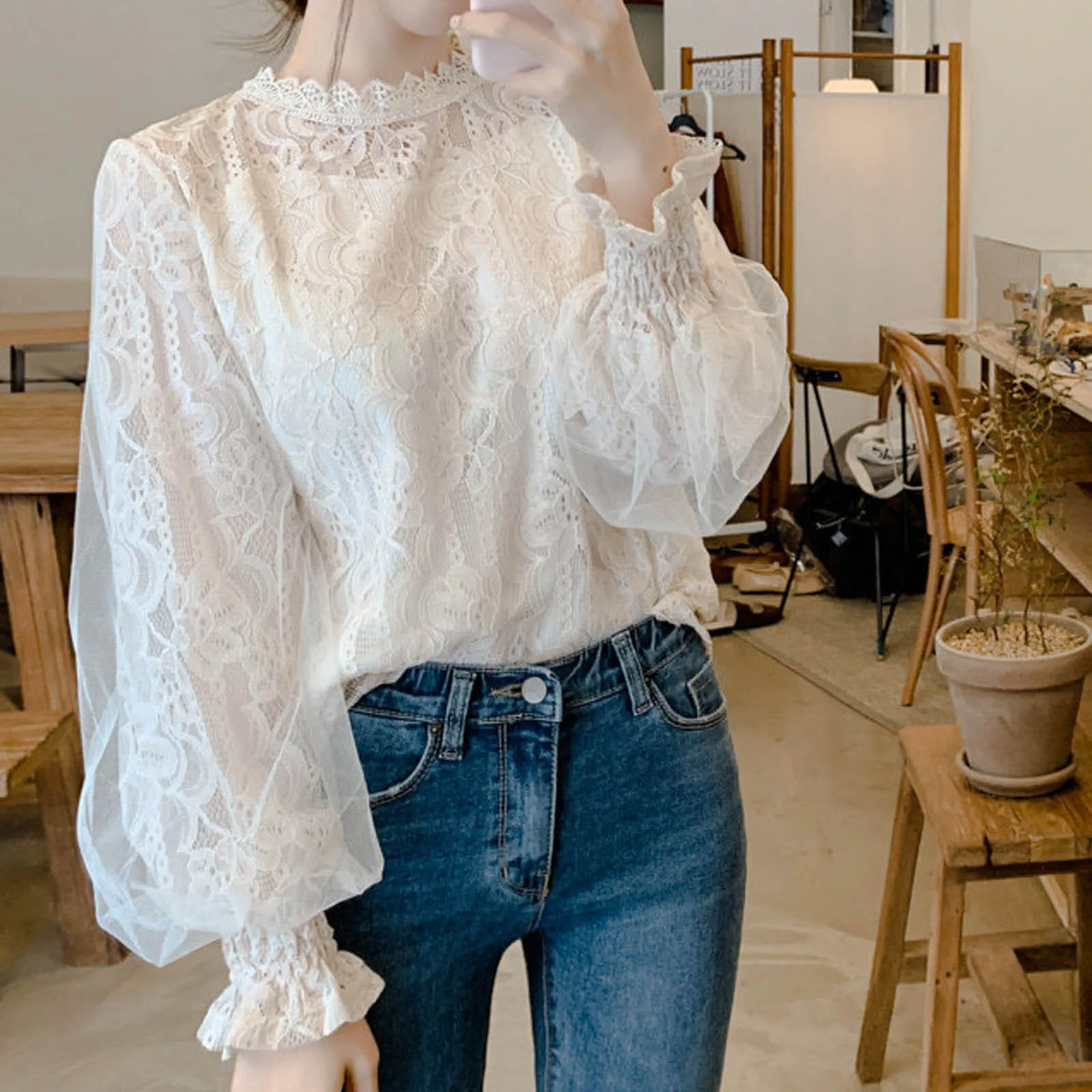 

Blouse Womens Floral Lace O-neck Long Sleeve Puff Sleeve Solid Tops Tops Female Streetwear Loose Ladies Tops Ropa De Mujer D4