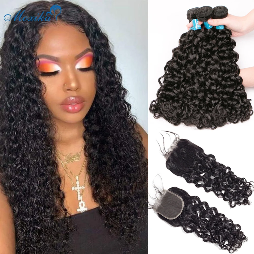 Moxika Water Wave Bundles With Closure Human Hair Bundles With Frontal Remy Brazilian Hair Weave Bundles With Closure 8-26"