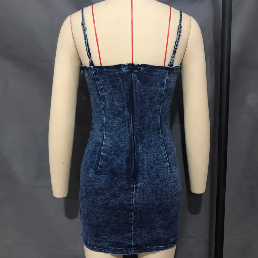 

Deep V-Neck Sleeveless Lace Up Sexy Stretch Denim Short Dress Ladies Solid Bodycon Dresses Daily Work Casual Style Summer