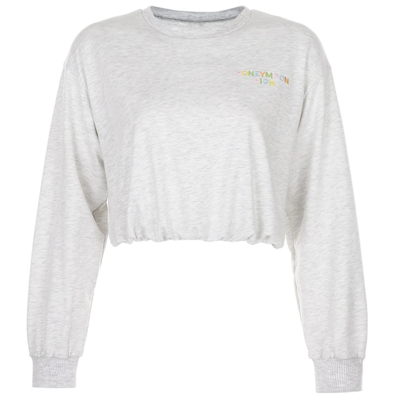 

Women Autumn Long Sleeve O-Neck Sweatshirt Sweet Colorful Letters Embroidered Crop Top Hip Hop Elastic Hem Loose Pullover Street