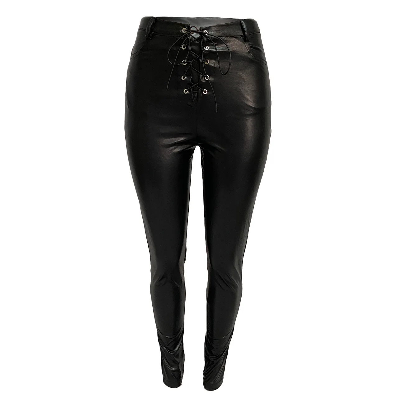 

Women Bottoms Pants PU Leather Lace Up Stretch Trousers Bodycon Pants Wholesale Casual Clothes Streetwear Women Dropshipping