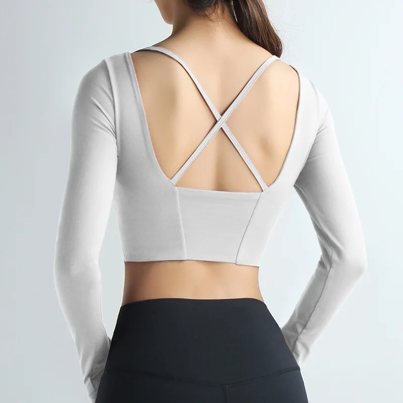 

Sports Shirt Cross Back Navel Yoga Top Fitness Women Quick Dry Running Breathable Sports Top Seamless Tight Booties Yoga Shirt