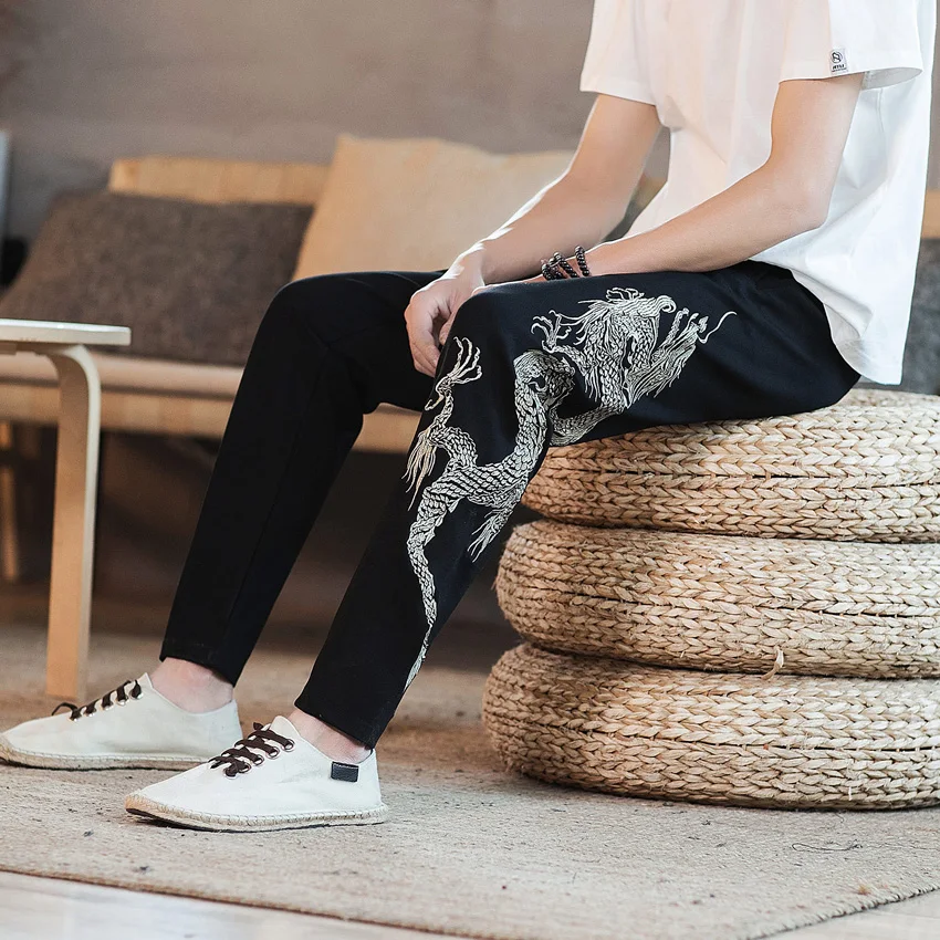 Брюки с вышивкой дракона свободные Азиатская мода уличная одежда кимоно