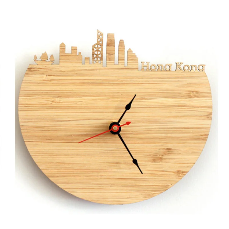 

Natural Bamboo HongKong Wall Clock Skyline Design Bamboo Wall Watch Memorial Photography Decoration Clock Modern City Clock