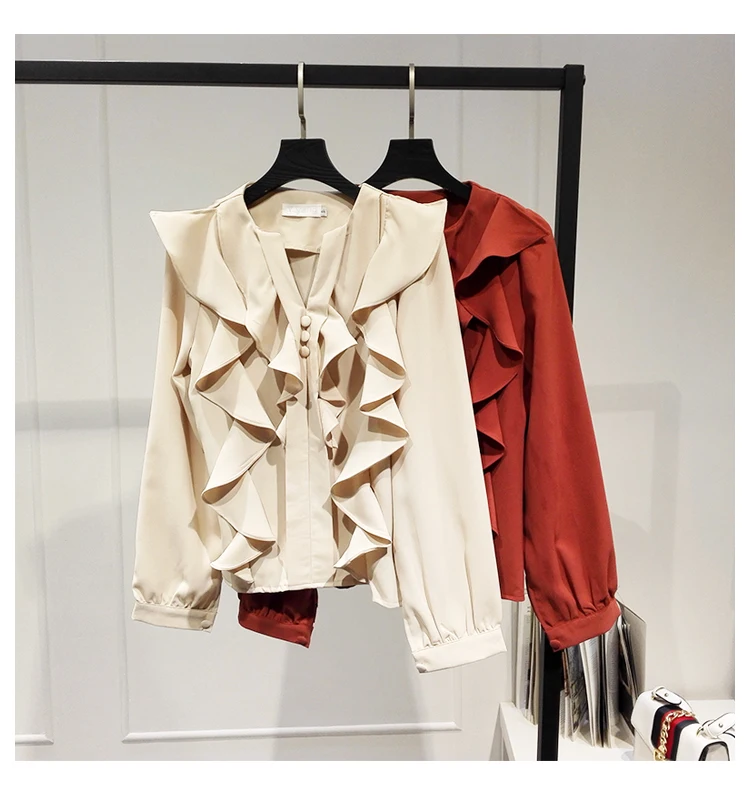 

2021 Spring New Female Plain Blouse Korean Style V-neck Ruffled Chiffon Shirt Women's Long Sleeve Tops Shirt Blusas Mujer