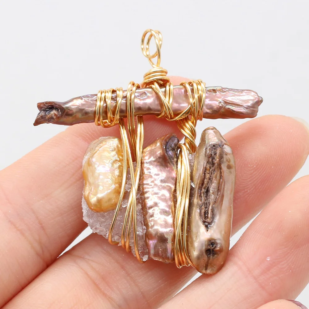 

New Natural Freshwater Pearls Pendants Gold Color Wire Wrap Pearl for Charms Jewelry Making DIY Necklace Earrings Gift