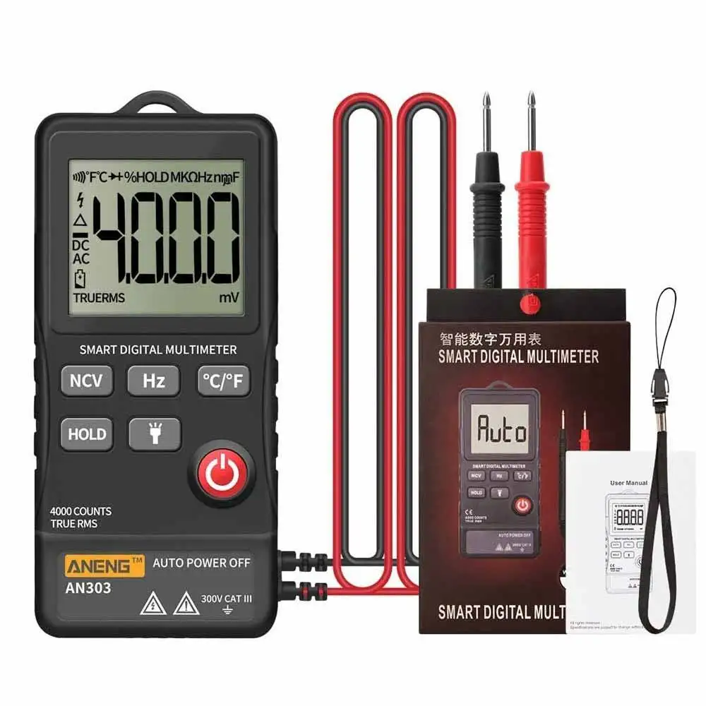 

AN303 LCD Multimeter 4000 Count DC/AC Auto-Ranging Multi Tester with Amp Volt Capacitance Temperature Frequency Diode Tests