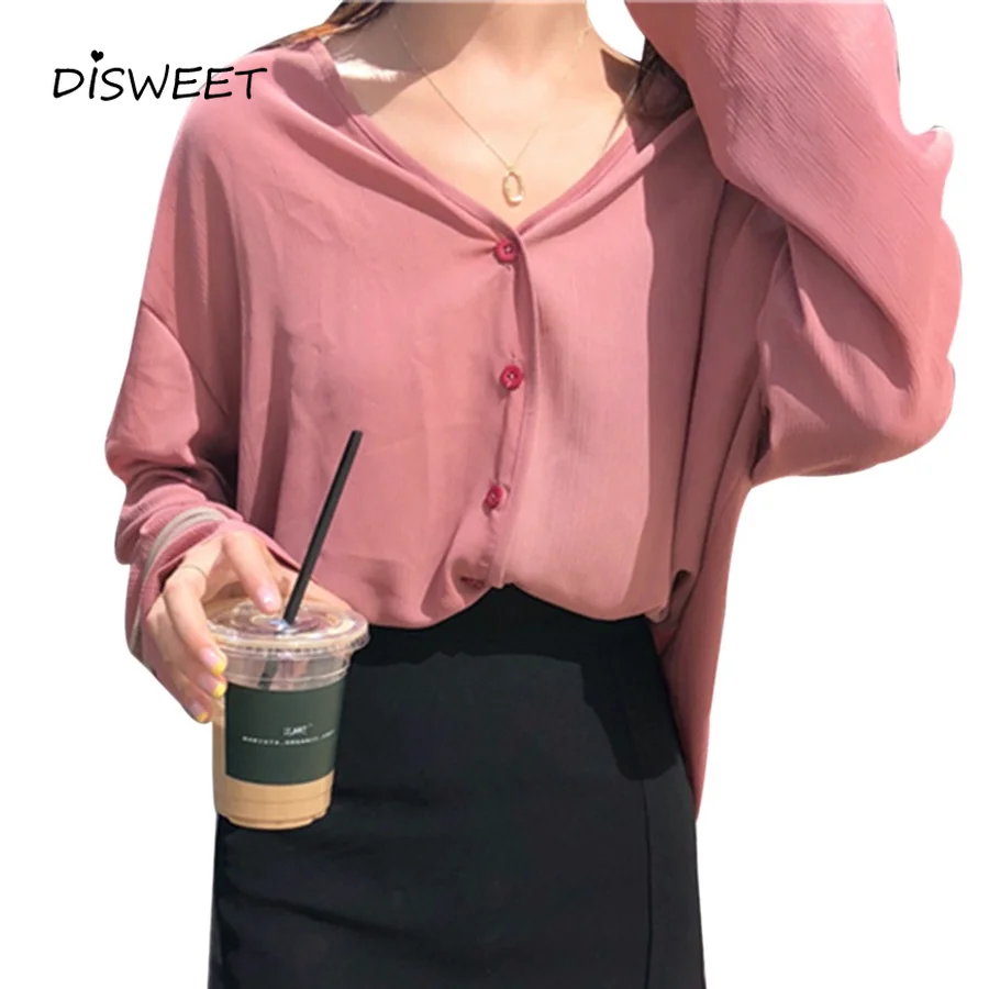 Женская блуза на пуговицах DISWEET повседневная однотонная с длинным рукавом и v