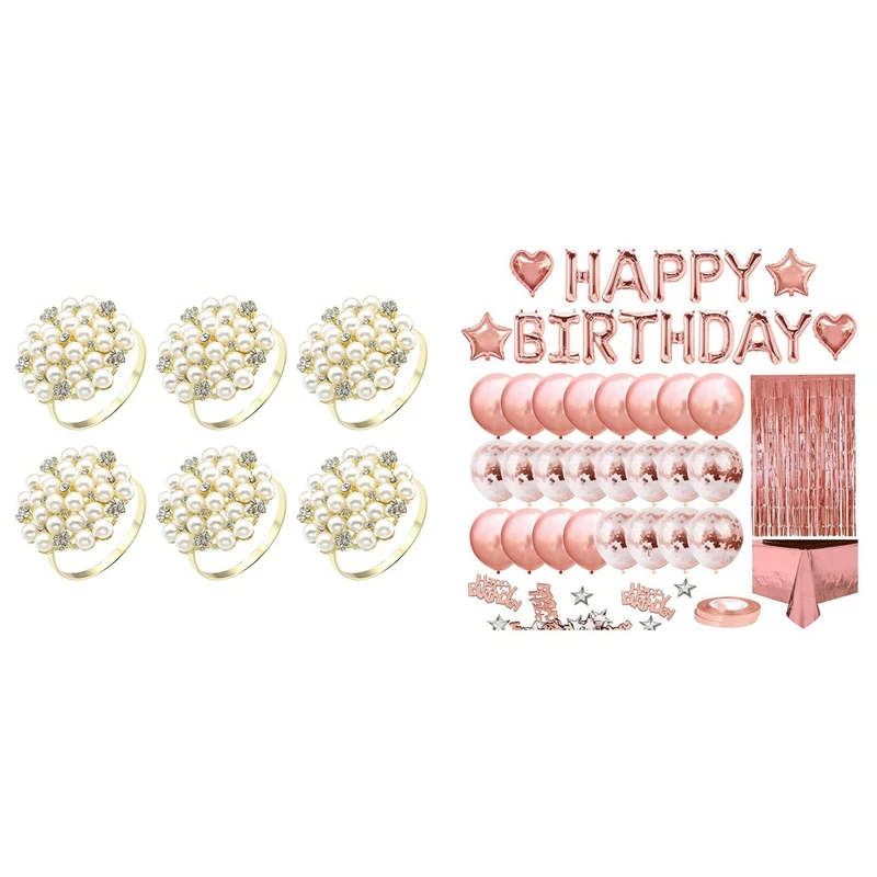 

Birthday Party Decoration For Girls Women Happy Birthday Banner With 6 Pearls Rhinestone Napkin Rings