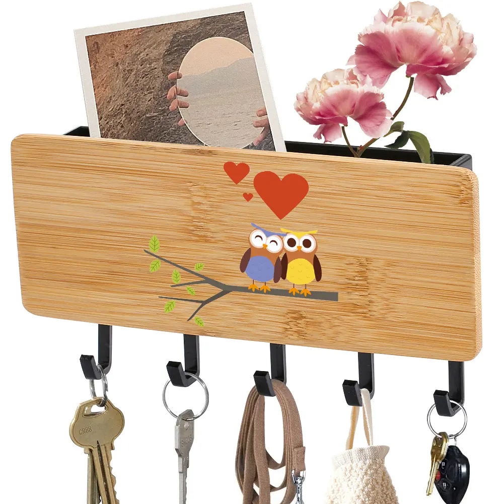 

Key Holder Sundries Storage Household Box Cute Print Owl Bamboo Keychain Holder 5 Hooks Wall Door Back Customizable