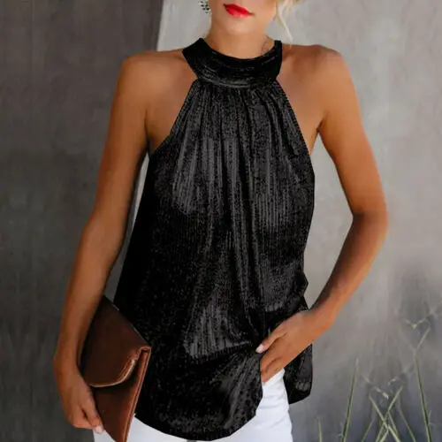 Women's Ladies Summer Top Sleeveless Top Solid Sleeveless Turtleneck Tie Collar TunicT-Shirt - Цвет: Черный