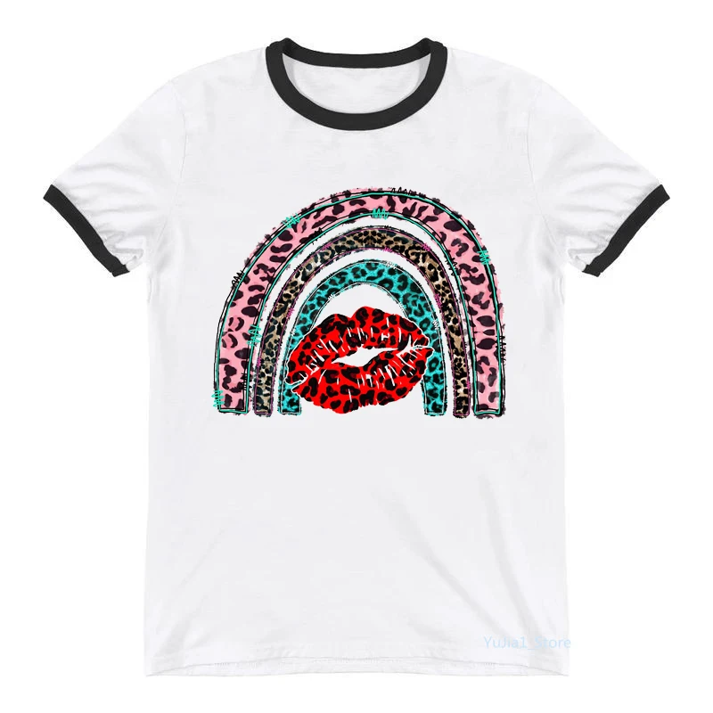 Женская футболка с принтом радужного леопарда и губ черная Сексуальная женская в