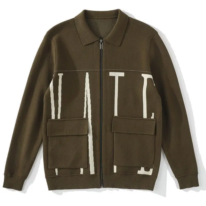 

New Autumn and Winter Retro Color Matching Lapel Zipper Knitted Jacket Men's Korean Temperament Slim Short Sweater Jacket