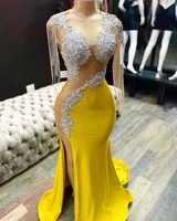 yellow prom dresses mermaid one shoulder long sleeves appliques beaded slit sexy long prom gown evening dresses robe de soiree