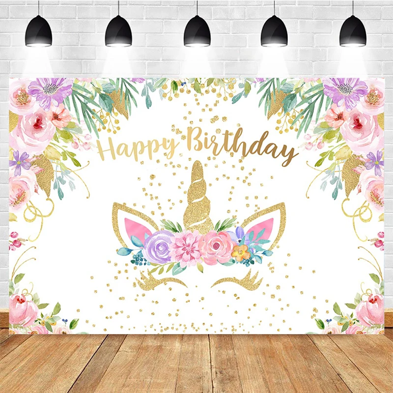 Mocsicka Birthday Party Photography Background Unicorn Flower Decoration Child Portrait Photo Backdrop Studio
