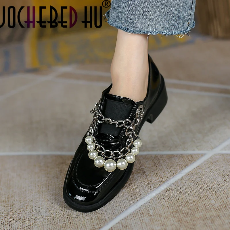 

【JOCHEBED HU】Trendy Metal Chain String Beads Loafers Women Genuine Leather Chunky Thick Sole Platform Shoes Square Toe Comfort