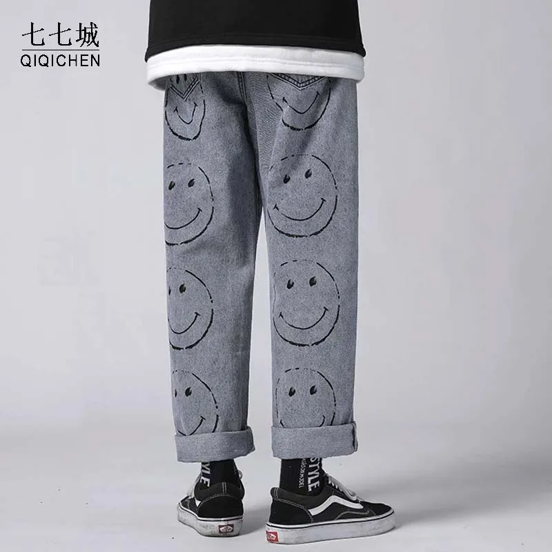 Mens Vintage Washed Jeans Hip Hop Smile Face Printed Loose Fit Denim Pants Harajuku Straight Casual Cartoon Trousers Male | Мужская