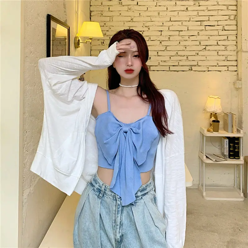 

Big bow white camisole women wear Korean style short sleeveless bottoming top
