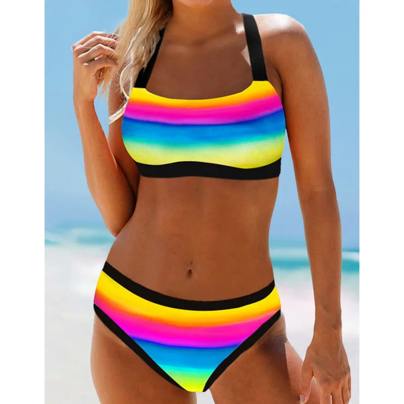 

Rainbow Striped Sexy Large Swimsuits Push Up Bikini Female Plus Size Swimwear Beach Wear Bikinis Women's Swimming Bathing