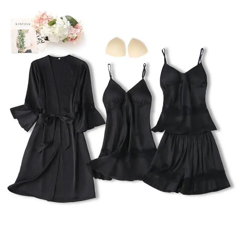

Summer Pink Pajamas Set Hollow Out 4PCS Sleepwear Women New Sleep Set Satin Silky Kimono Gown Casual Pijamas Suit Loungewear