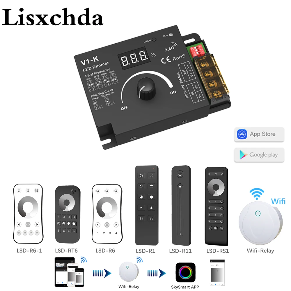 Rotary Dimmer DC12V 24V 20A PWM RF 2.4G Wireless Frequency Adjustable Smart Wifi Knob LED Switch for Single Color Strip | Лампы и
