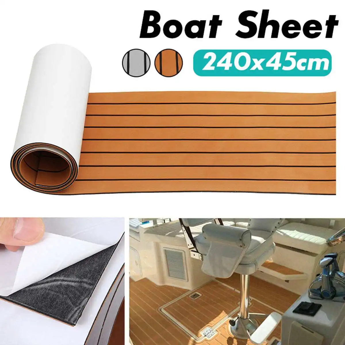 

2.4m Self-Adhesive EVA Foam Boat Marine Flooring Faux Teak Decking Sheet Striped Yacht Mat 2 Styles Teak Brown With Black Line