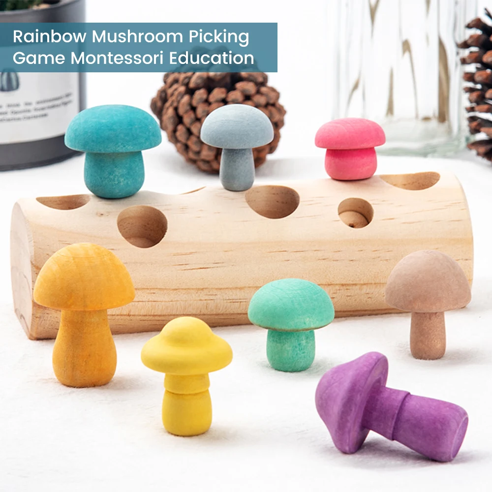 

Wooden Mushroom Rainbow Blocks Picking Game Montessori Educational Wooden Baby Toys Developmental Shape Matching Assembly Grasp