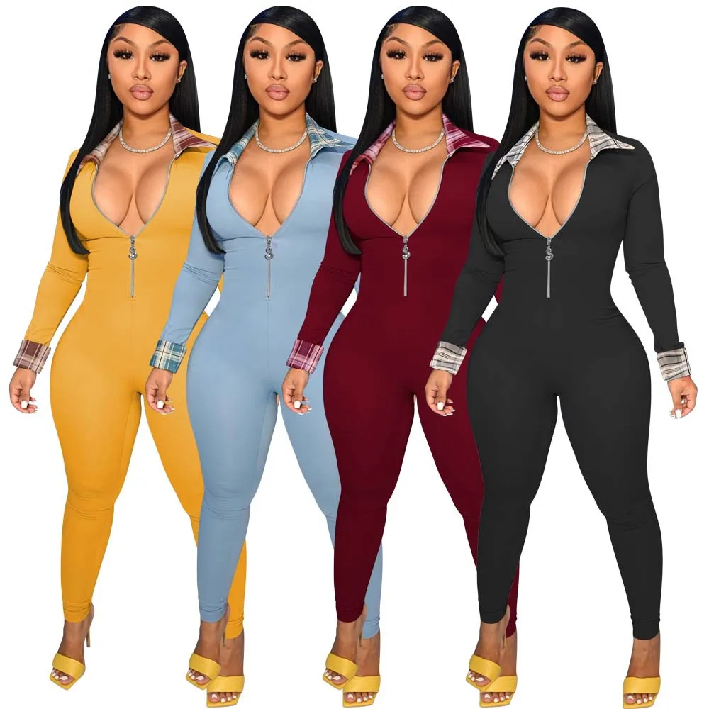 

Somoshein S-2xl 2021 Sexy Women Lowcut Zipper Jumpsuit Elegant Plaid Lapel Skinny Rompers Casual Outfits Wholesale Dropshipping