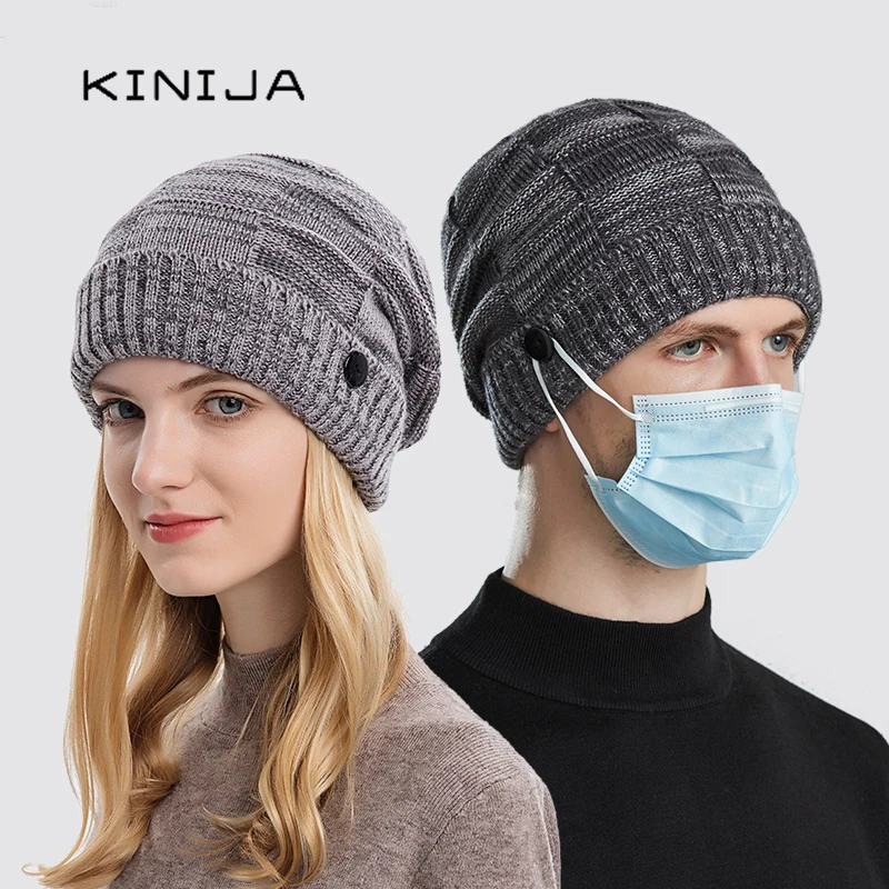 

Winter Men's Fashion Knitted Hat Soft Knitted Beanies Warm Thick Fur Bonnet Can Put Mask for Face Skullies Cap for Women