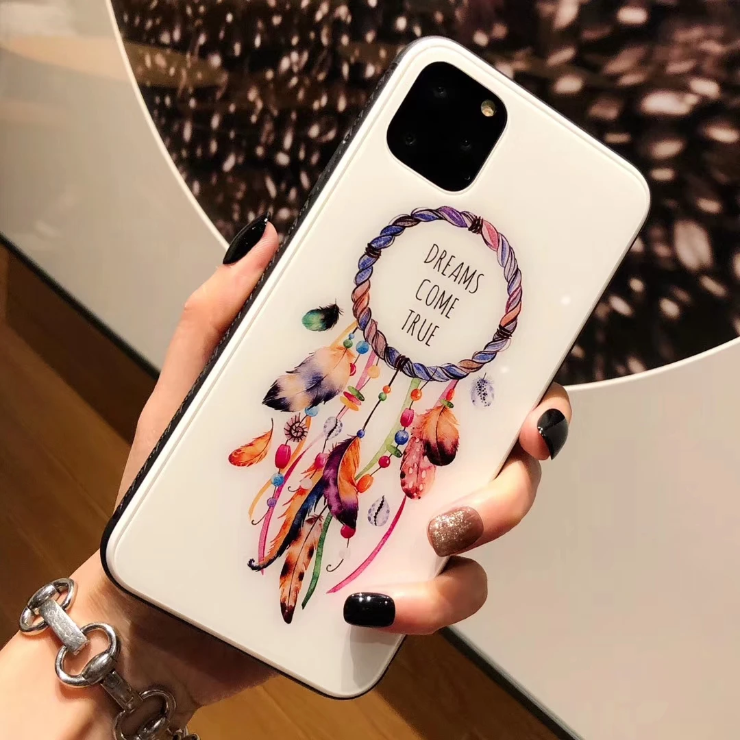 Роскошный красочный чехол из закаленного стекла для телефона для iphone 7 8 6 6s Plus XS Max XR X Ловец снов перо Глянцевая стеклянная крышка для телефона F