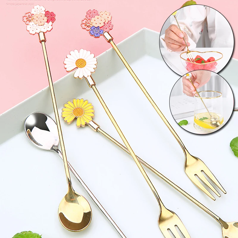 

Creative Stainless Steel Coffee Spoon Cherry Long Handle Stirring Spoon Dessert Cream Cake Jelly Fork Afternoon Tea Spoon